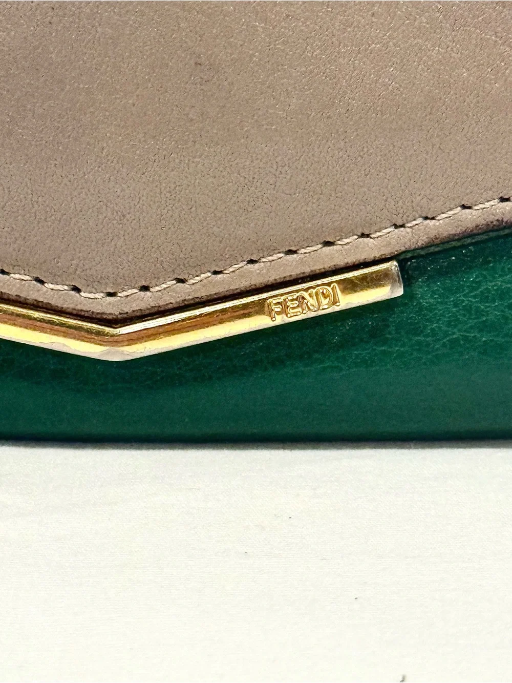 Fendi 2Jours Continental Leather Wallet Envelope Style In Taupe/Green
